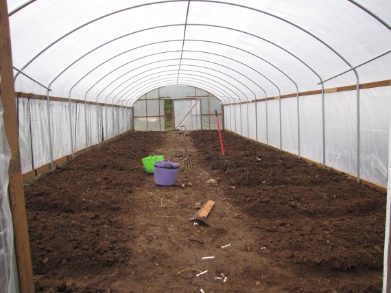 A greenhouse with beds ready for planting